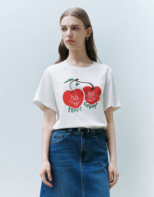 Cherry Printed Crew Neck Straight T-Shirt