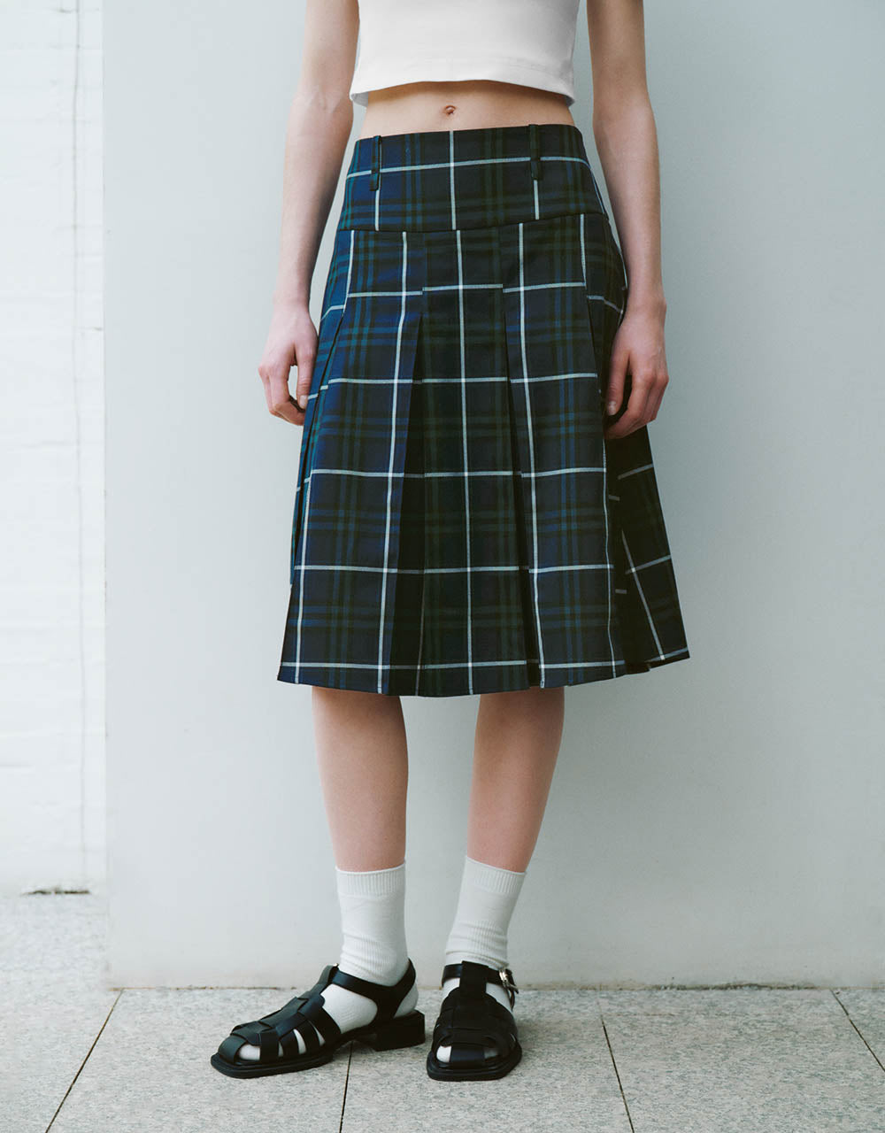 Pleated Plaid Midi A-Line Skirt