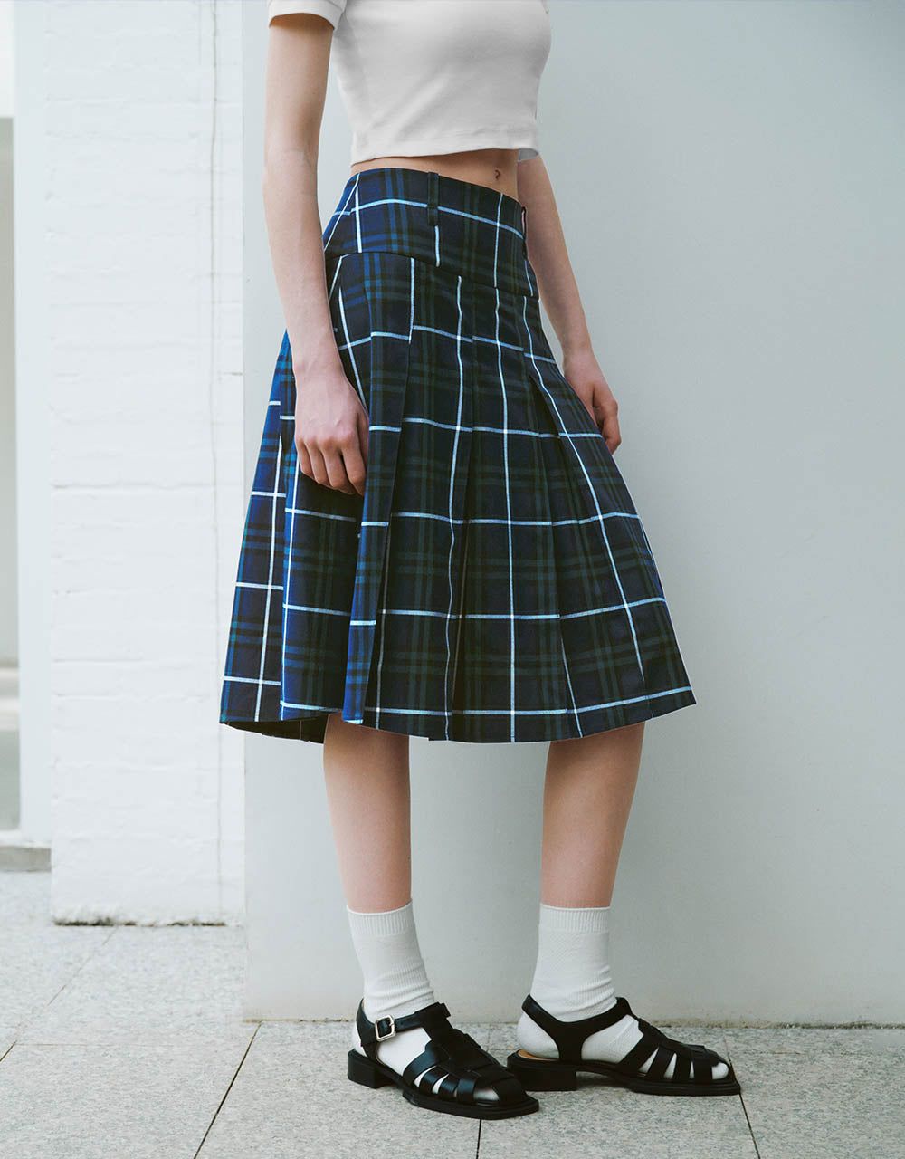 Pleated Plaid Midi A-Line Skirt