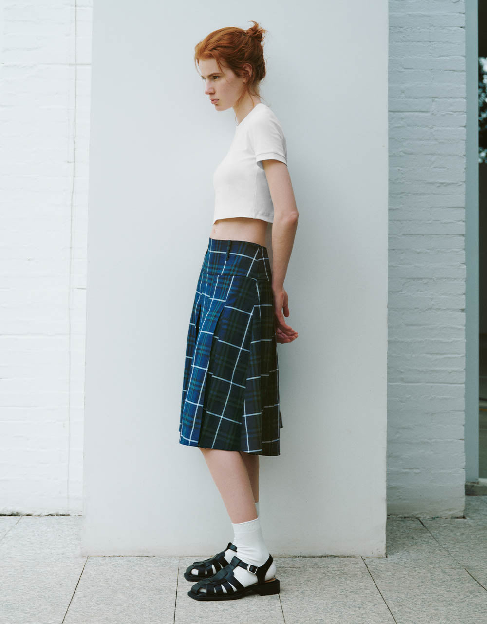 Pleated Plaid Midi A-Line Skirt