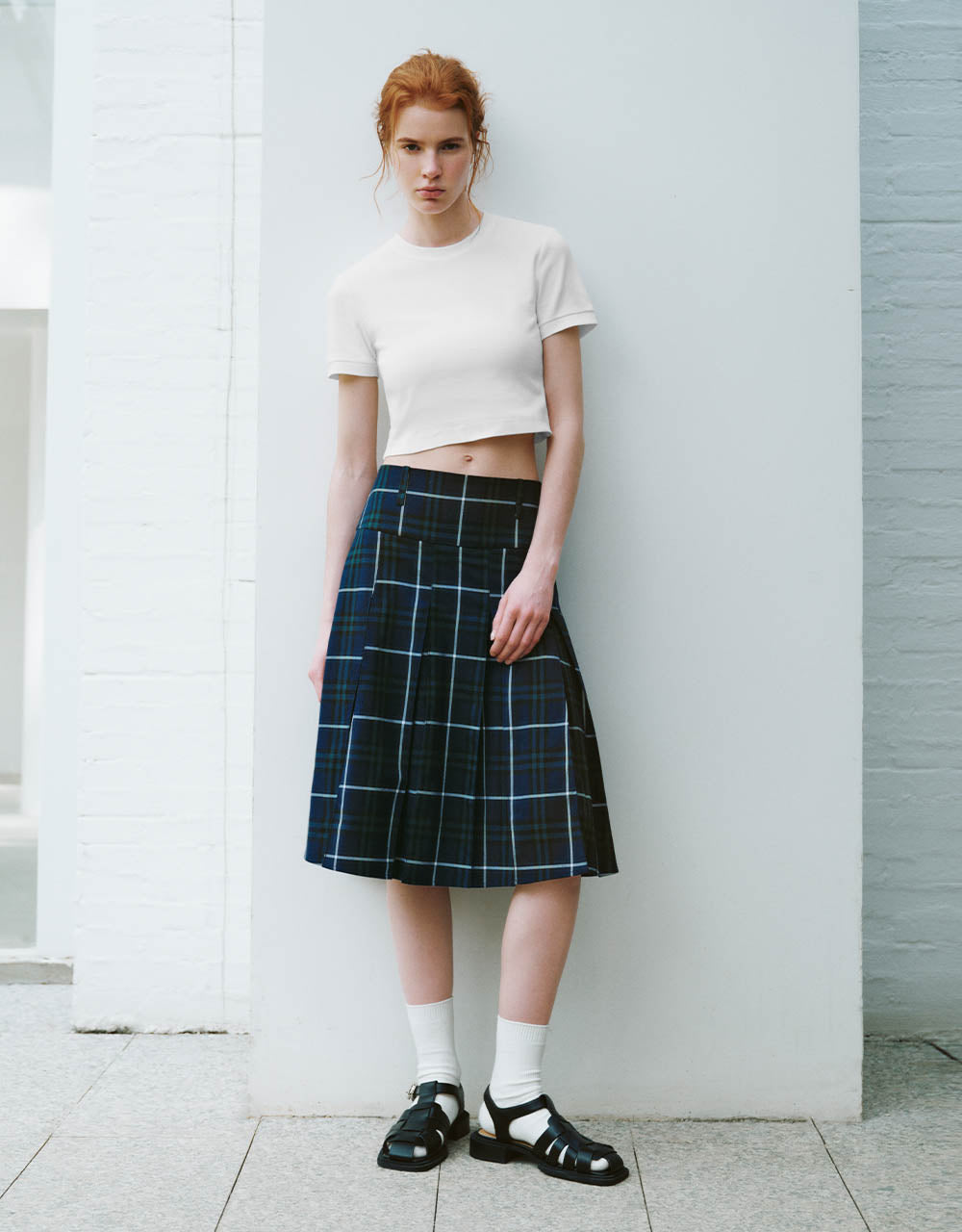 Pleated Plaid Midi A-Line Skirt