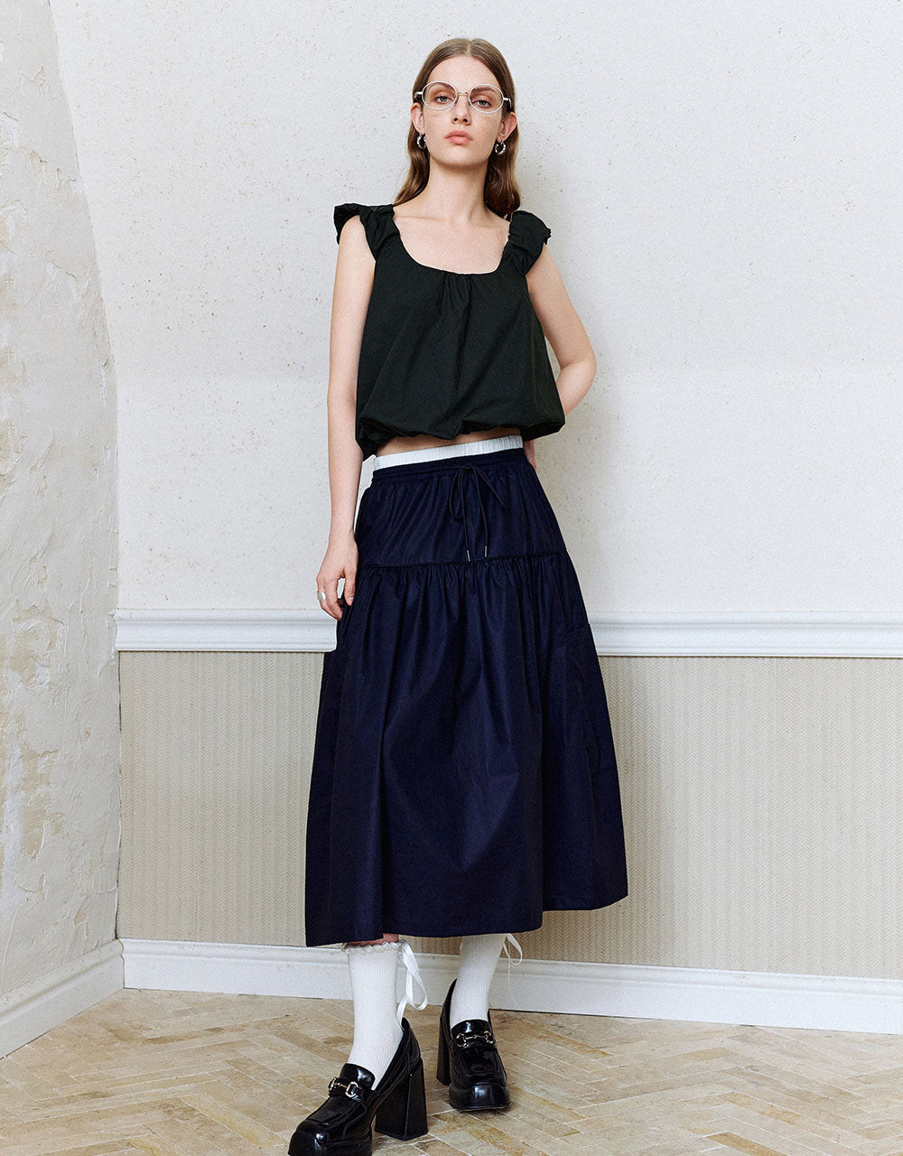 Elastic Waist Midi A-Line Skirt