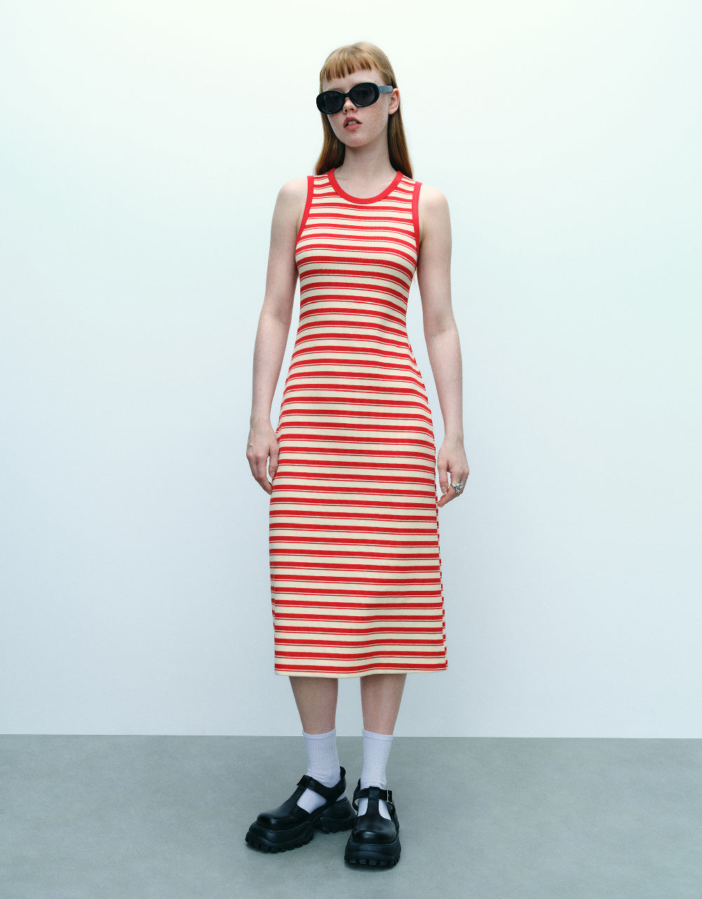 Striped Sleeveless Crew Neck Straight Dress