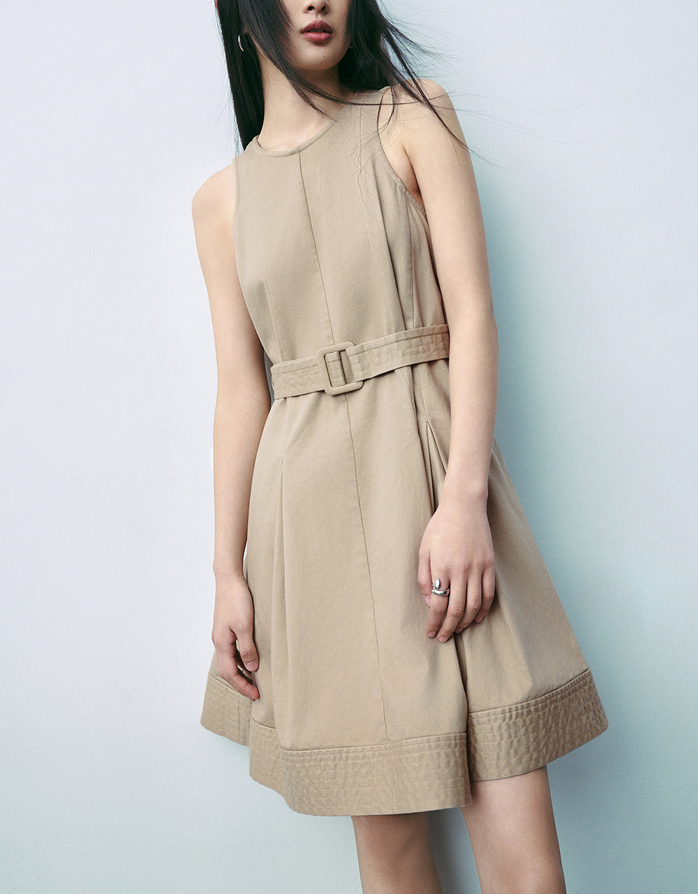 Sleeveless Crew Neck A-Line Dress With Belt