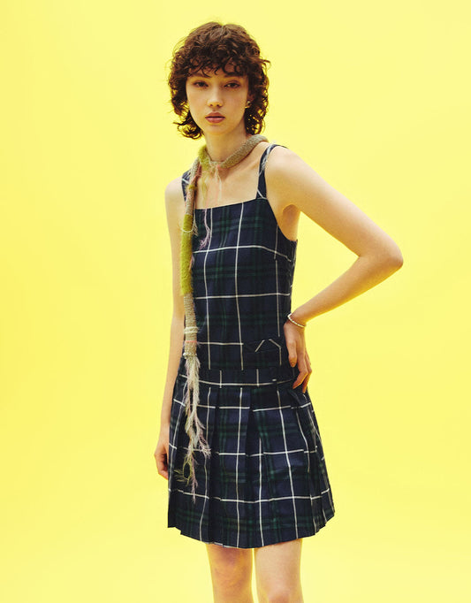 Plaid Sleeveless Square-cut Collar A-Line Dress