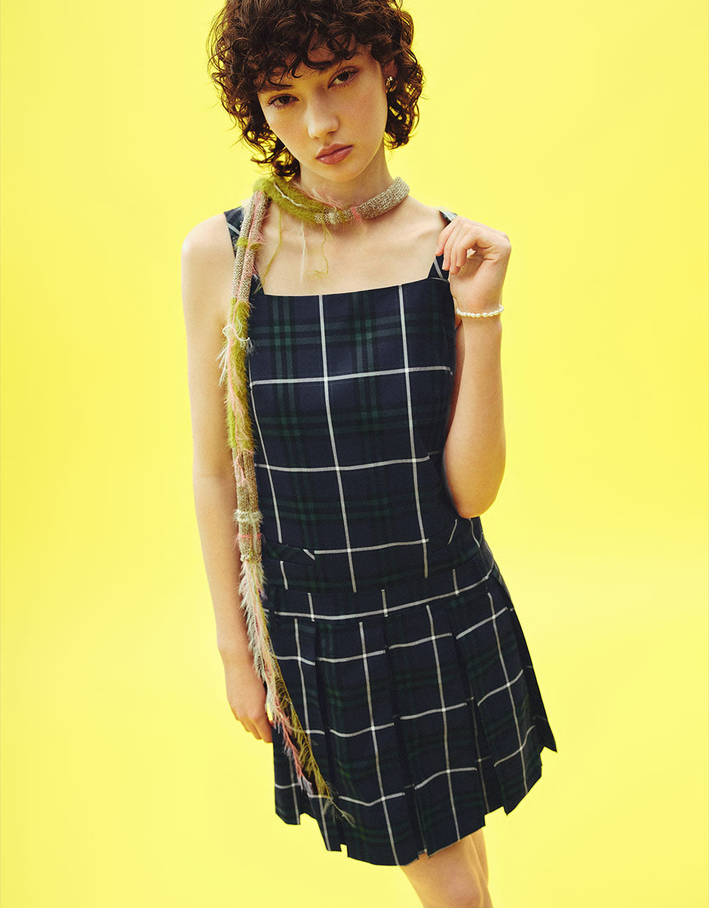 Plaid Sleeveless Square-cut Collar A-Line Dress