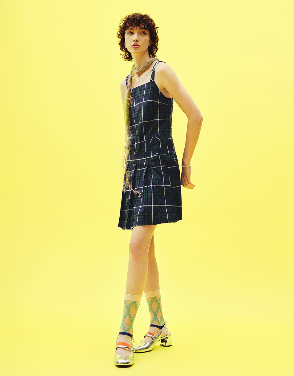 Plaid Sleeveless Square-cut Collar A-Line Dress