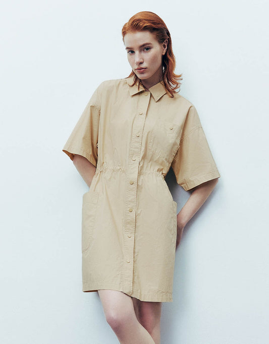 Elastic Waist Straight Shirt Dress