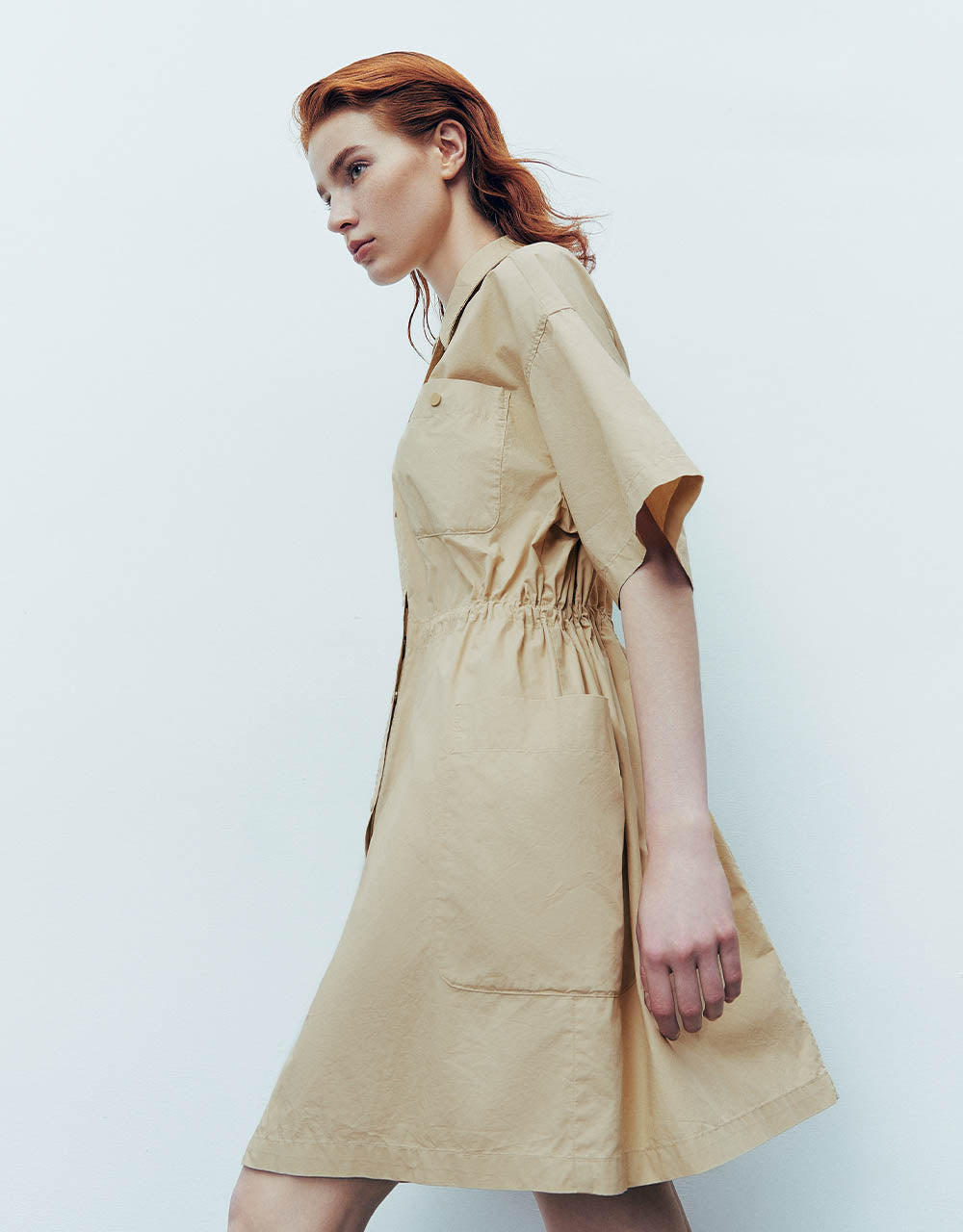 Elastic Waist Straight Shirt Dress