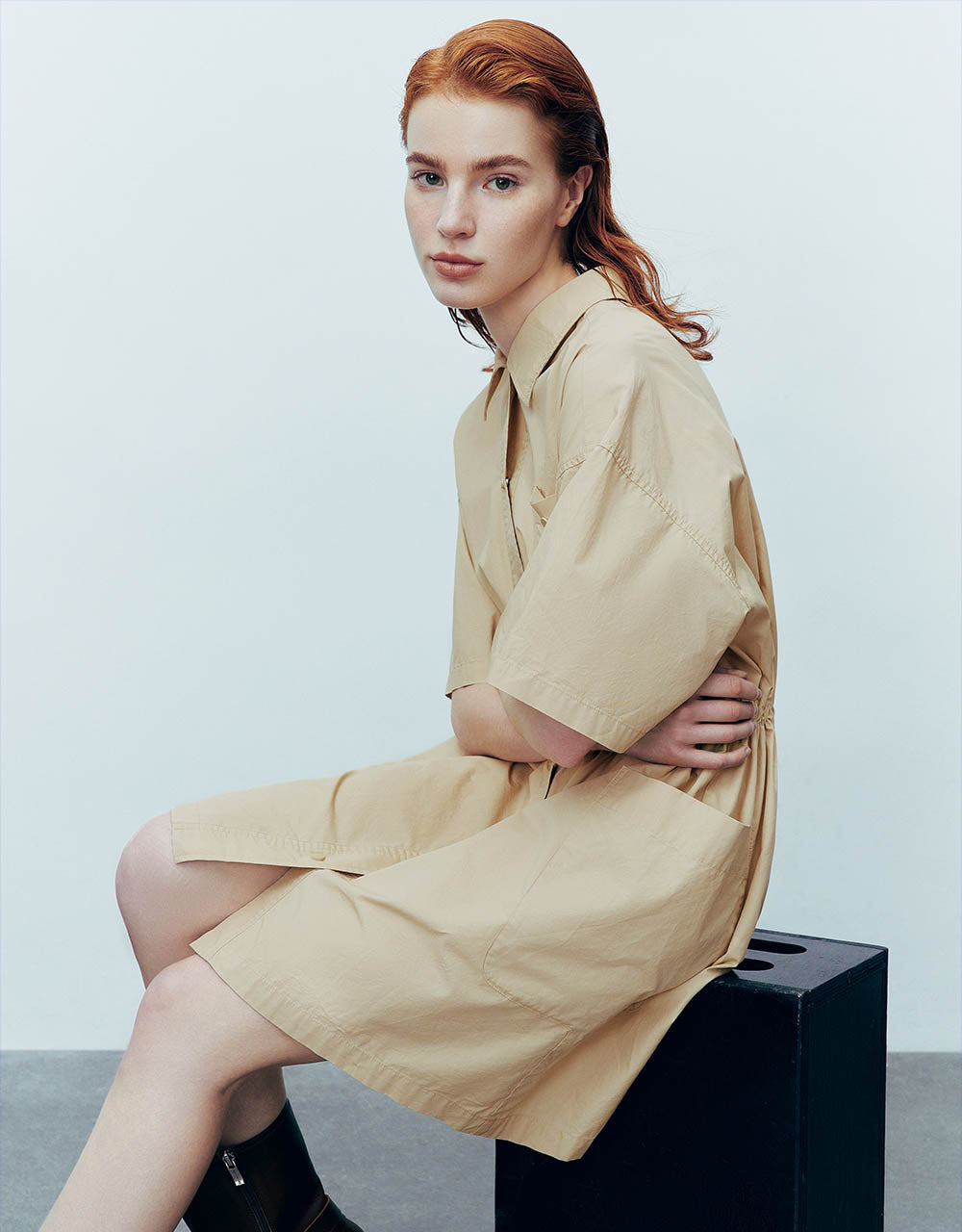 Elastic Waist Straight Shirt Dress