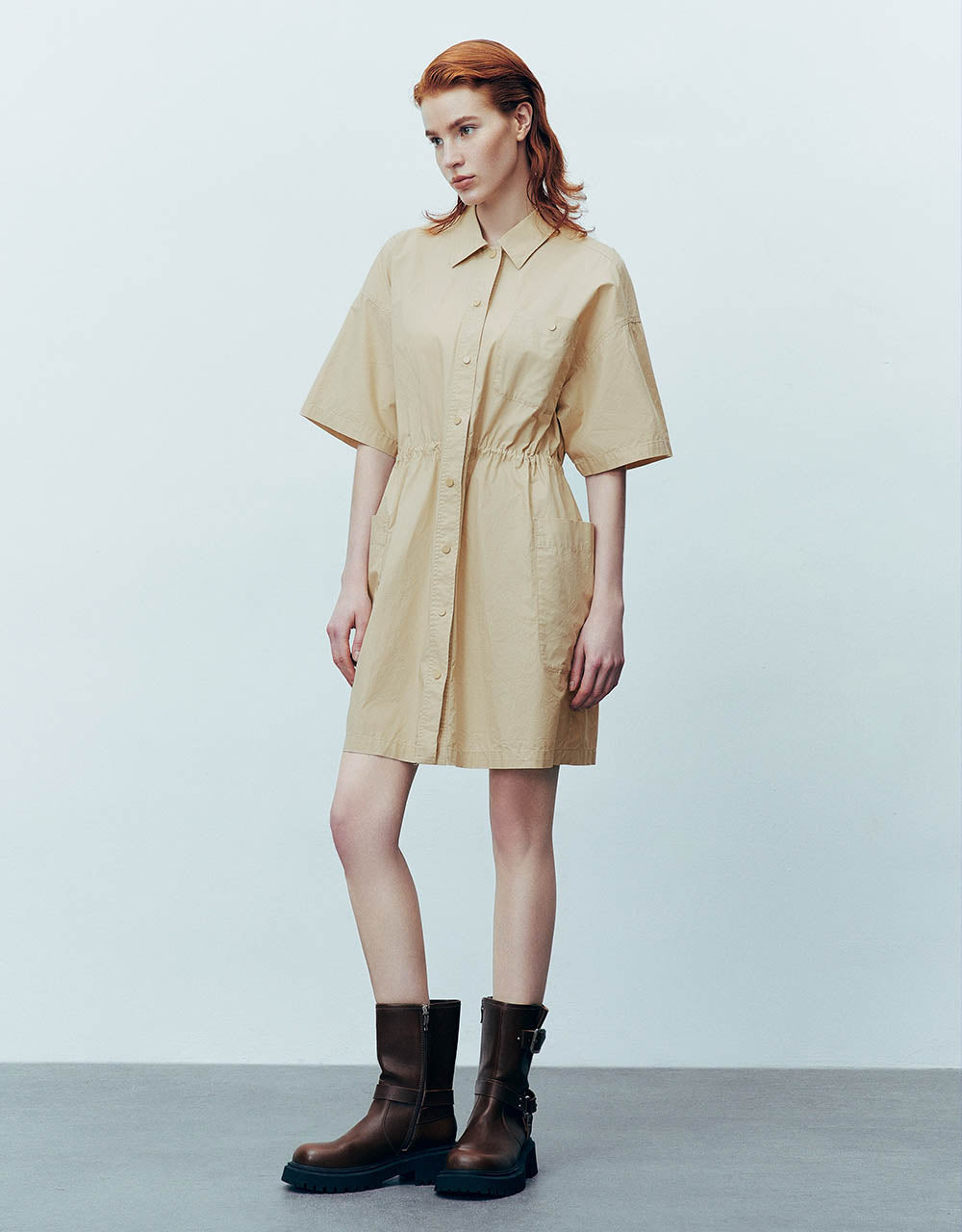 Elastic Waist Straight Shirt Dress