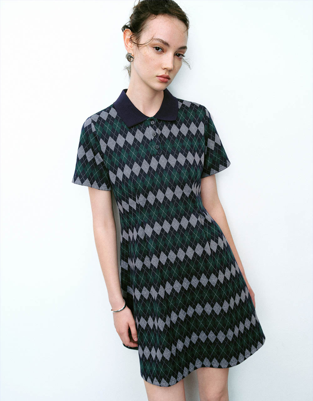 Argyle Printed A-Line Polo Dress