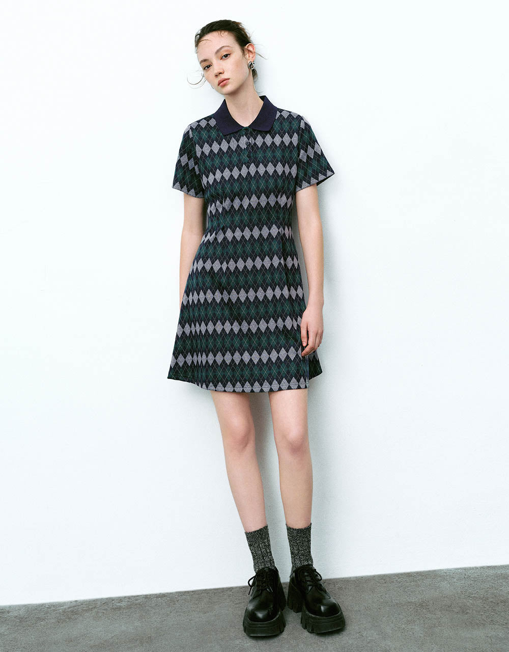 Argyle Printed A-Line Polo Dress