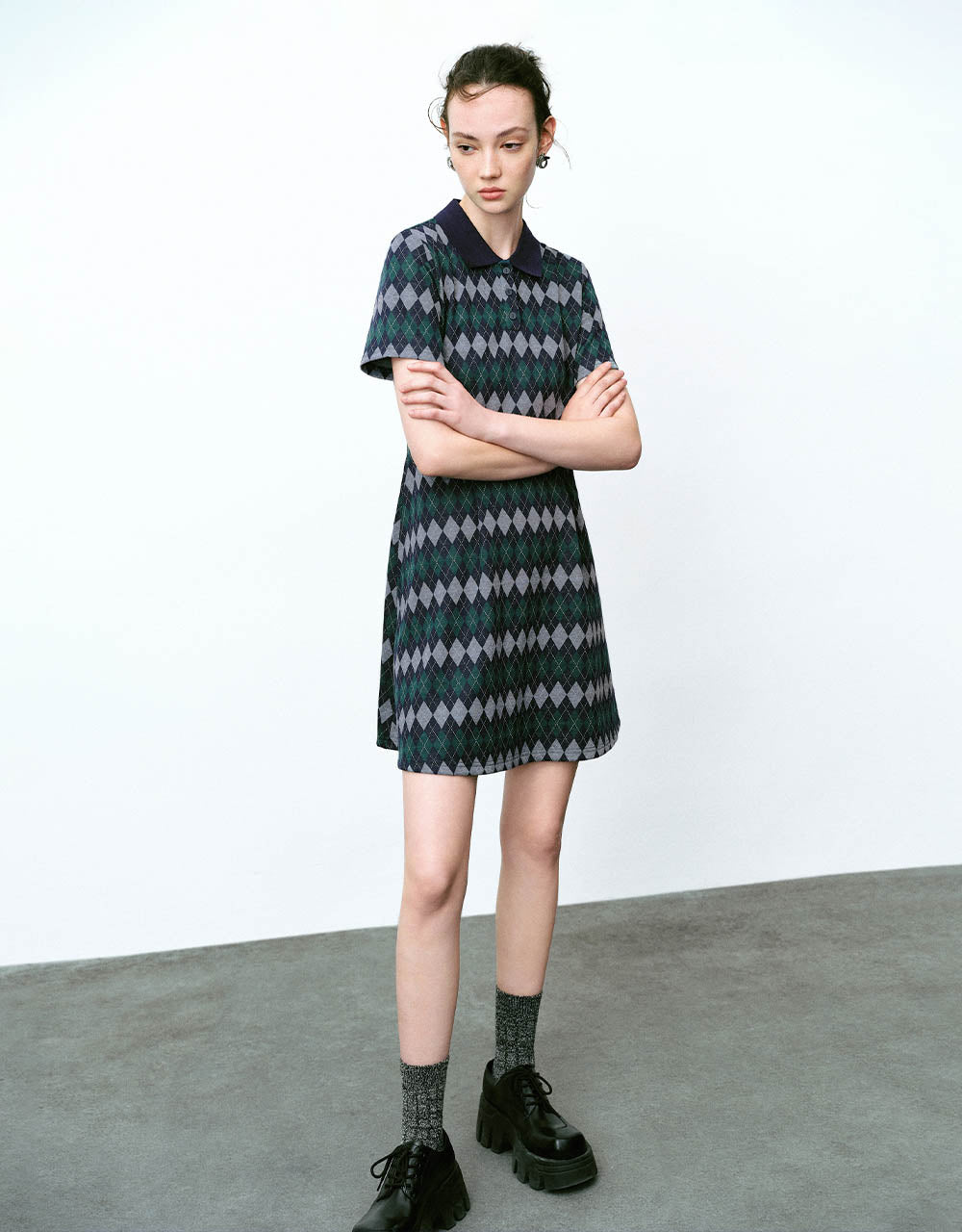 Argyle Printed A-Line Polo Dress