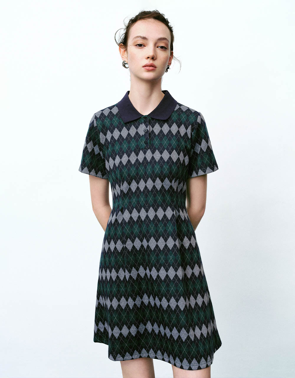 Argyle Printed A-Line Polo Dress