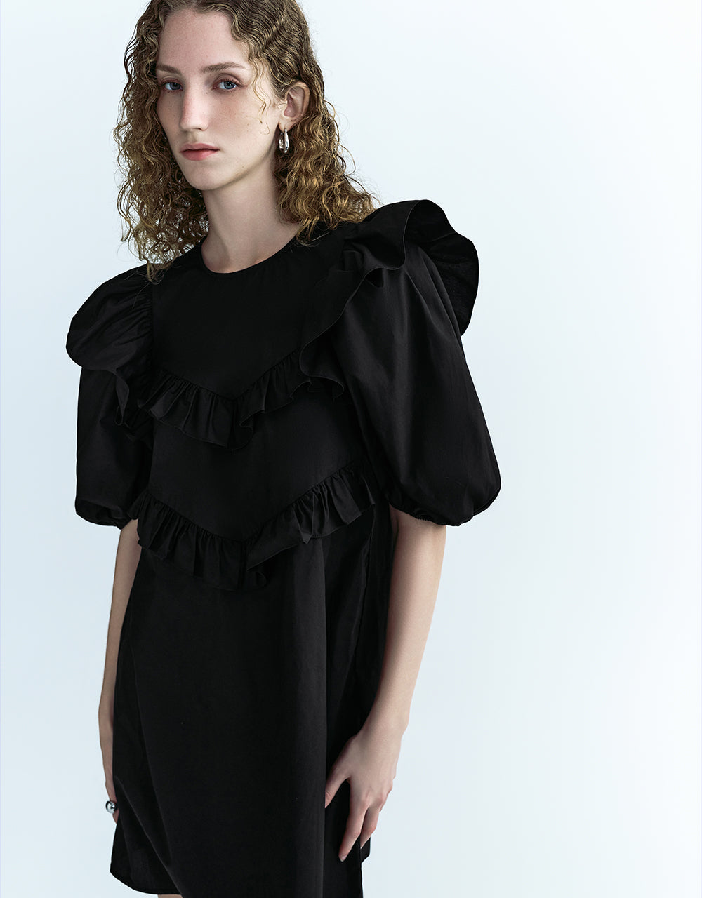 Ruffle Puff Sleeve Crew Neck Straight Dress