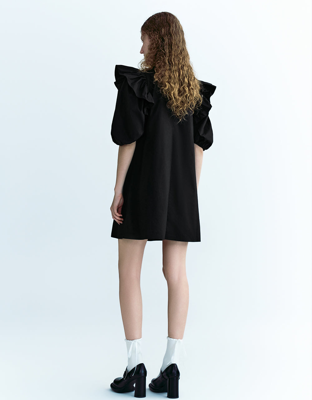 Ruffle Puff Sleeve Crew Neck Straight Dress