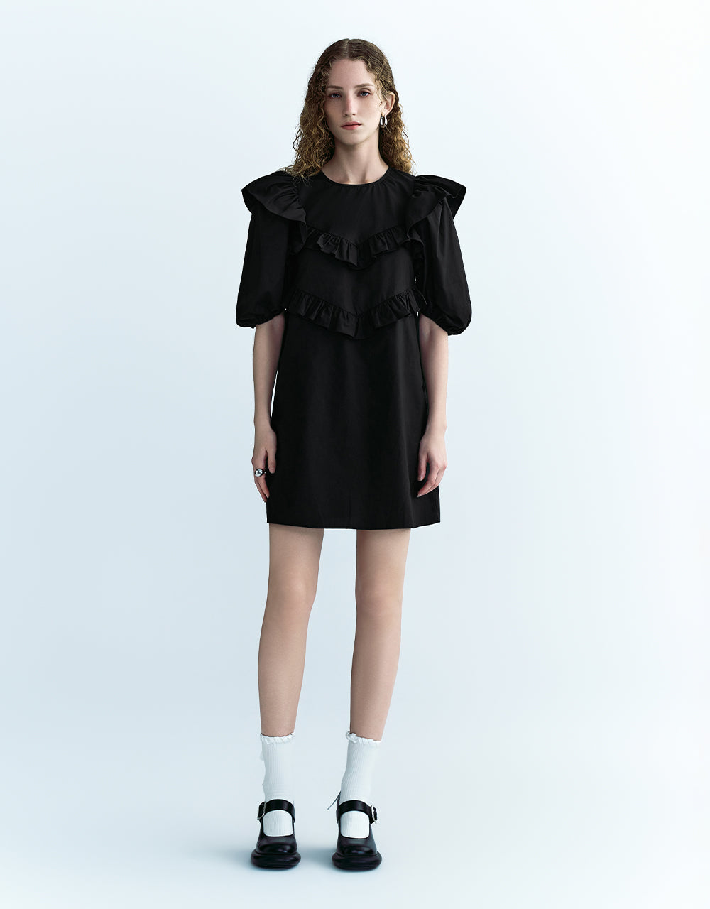 Ruffle Puff Sleeve Crew Neck Straight Dress