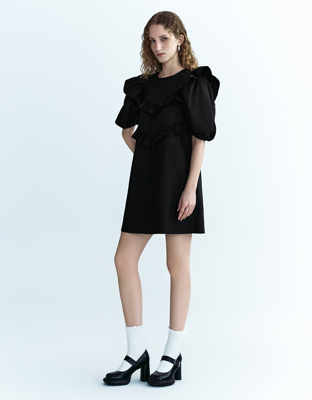 Ruffle Puff Sleeve Crew Neck Straight Dress