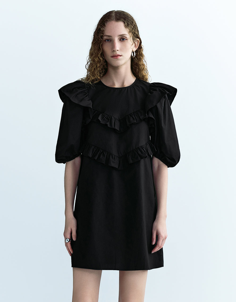 Ruffle Puff Sleeve Crew Neck Straight Dress