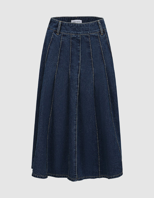 Midi A-Line Denim Skirt With Belt