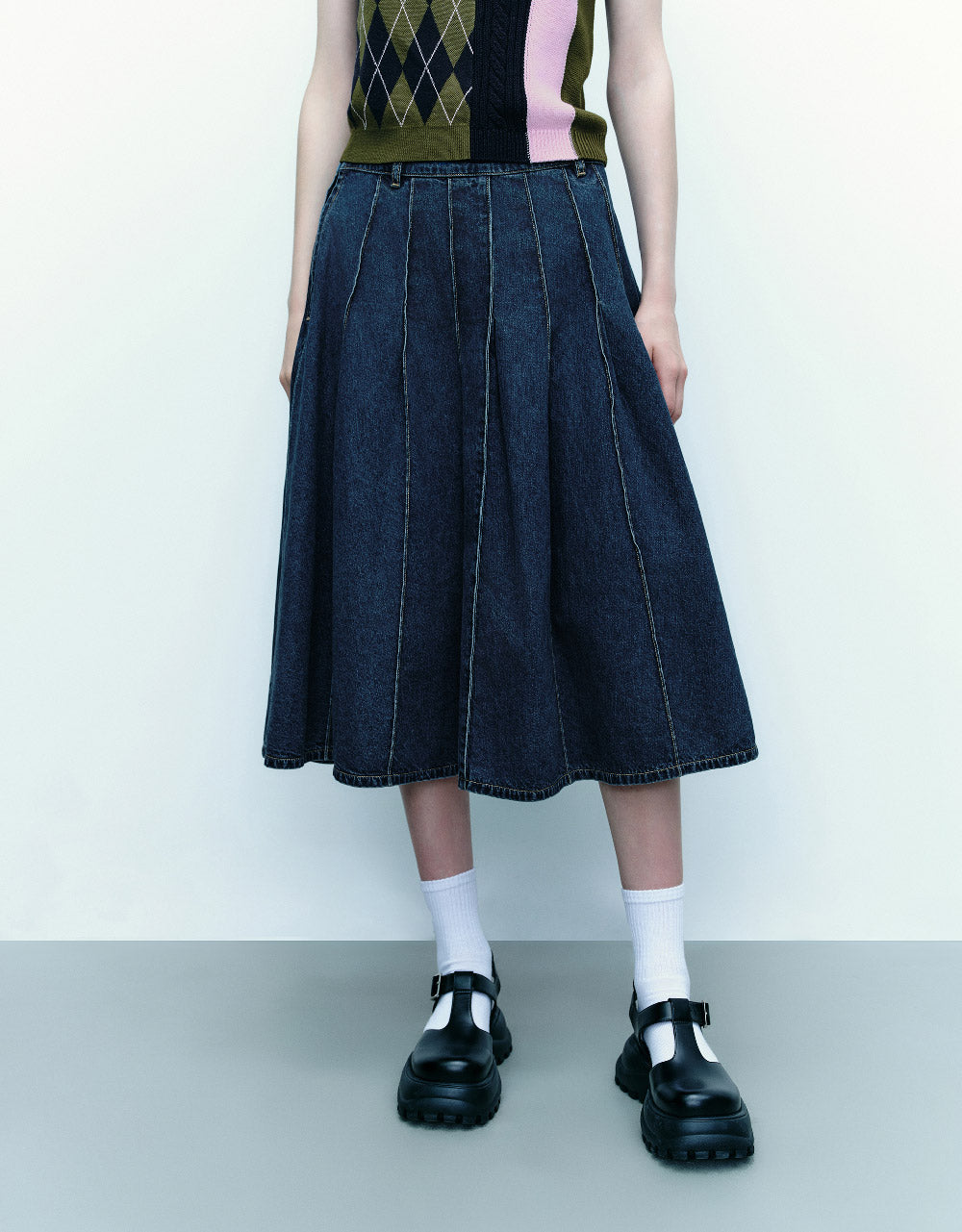 Midi A-Line Denim Skirt With Belt