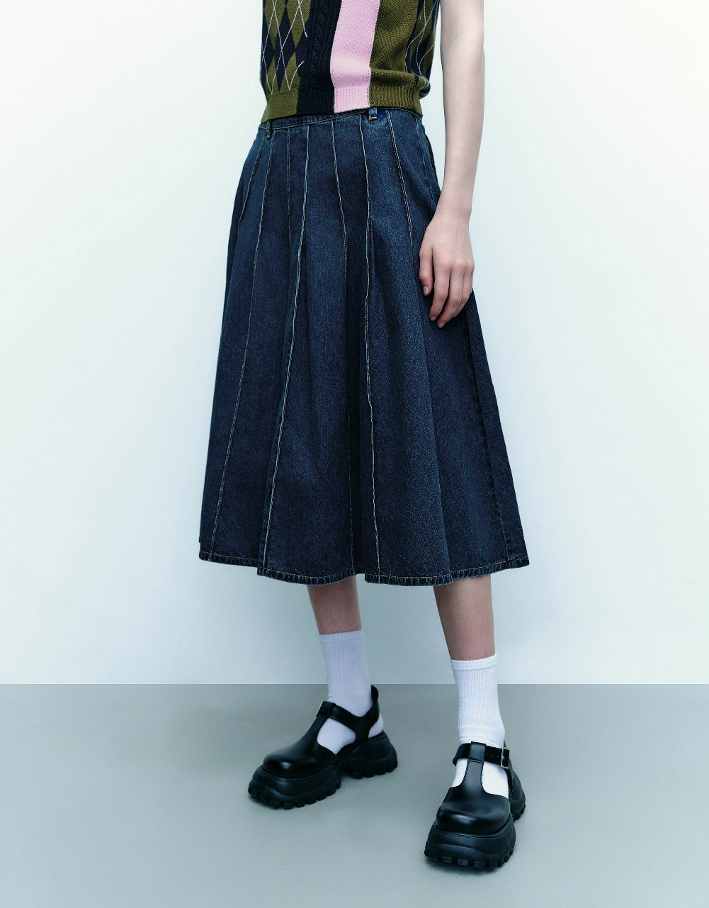 Midi A-Line Denim Skirt With Belt