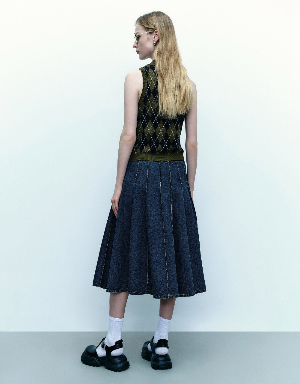 Midi A-Line Denim Skirt With Belt