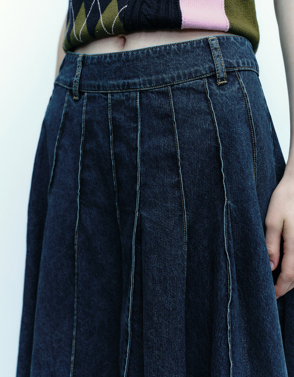 Midi A-Line Denim Skirt With Belt