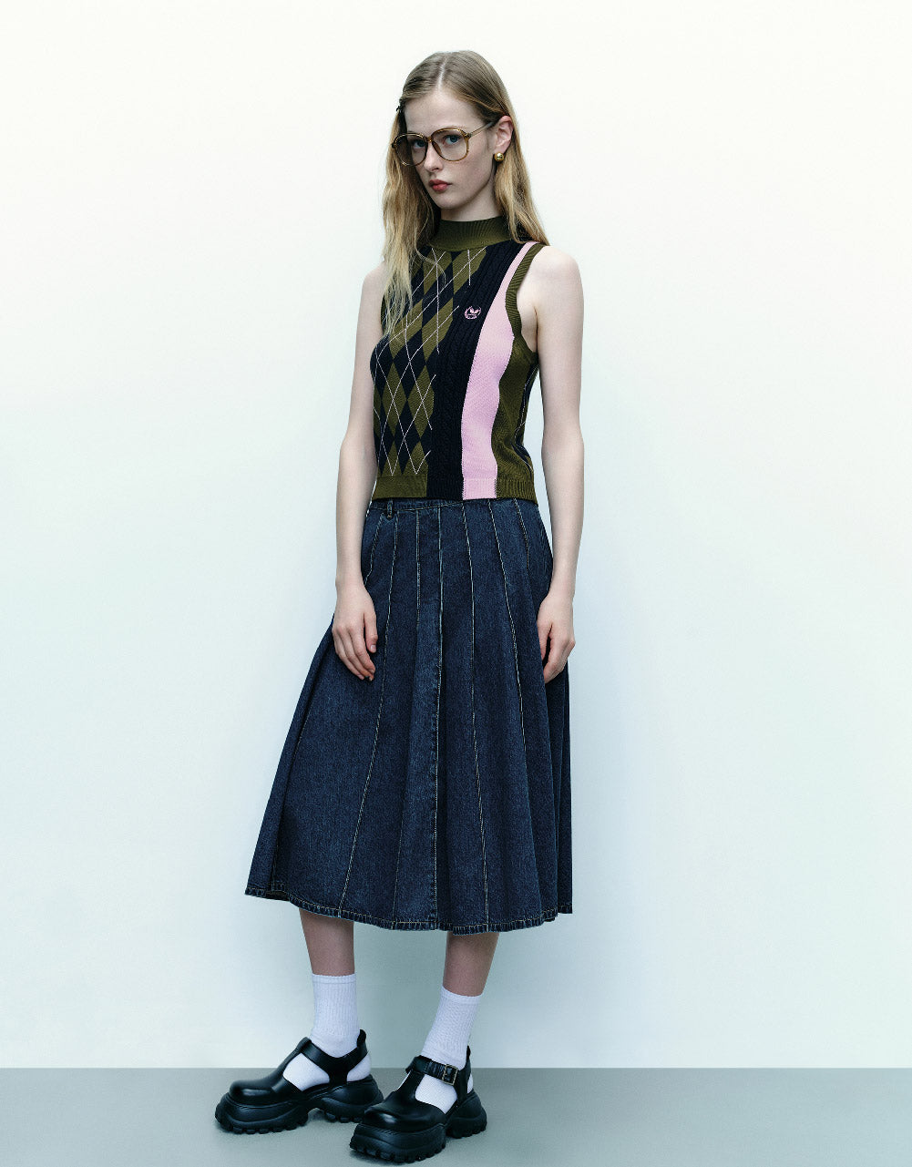 Midi A-Line Denim Skirt With Belt