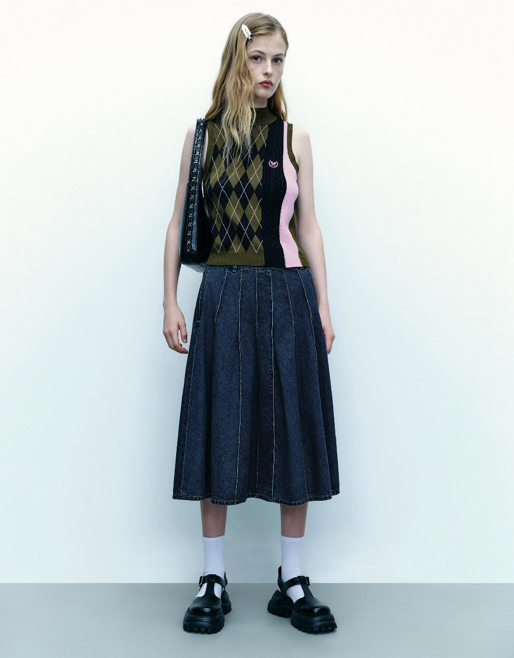 Midi A-Line Denim Skirt With Belt