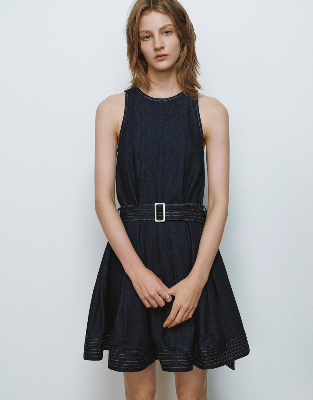 Sleeveless Crew Neck Denim Dress With Belt