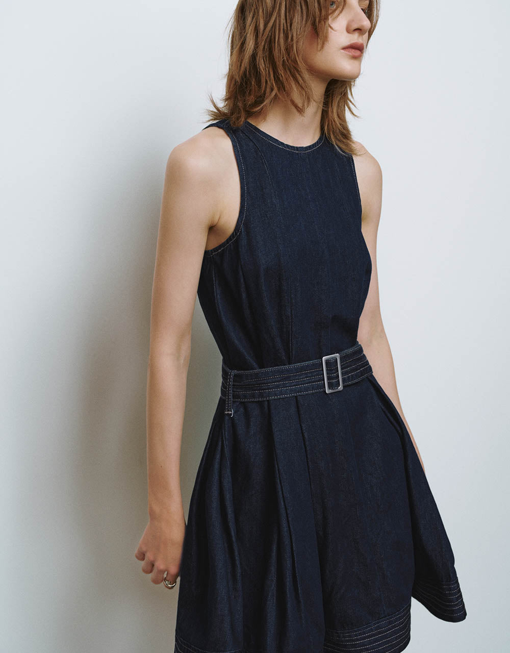 Sleeveless Crew Neck Denim Dress With Belt