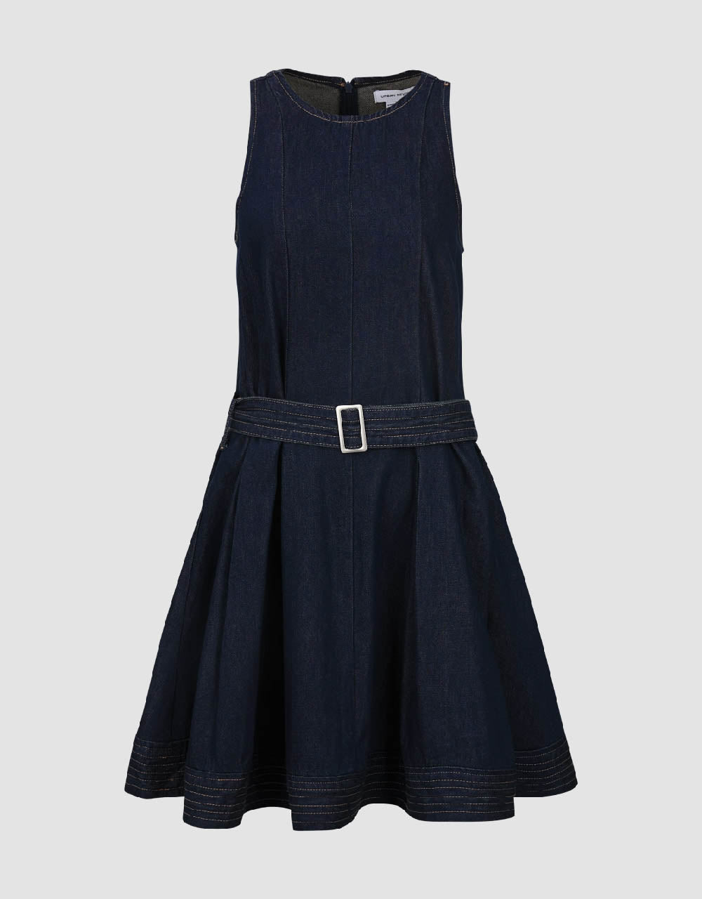 Sleeveless Crew Neck Denim Dress With Belt