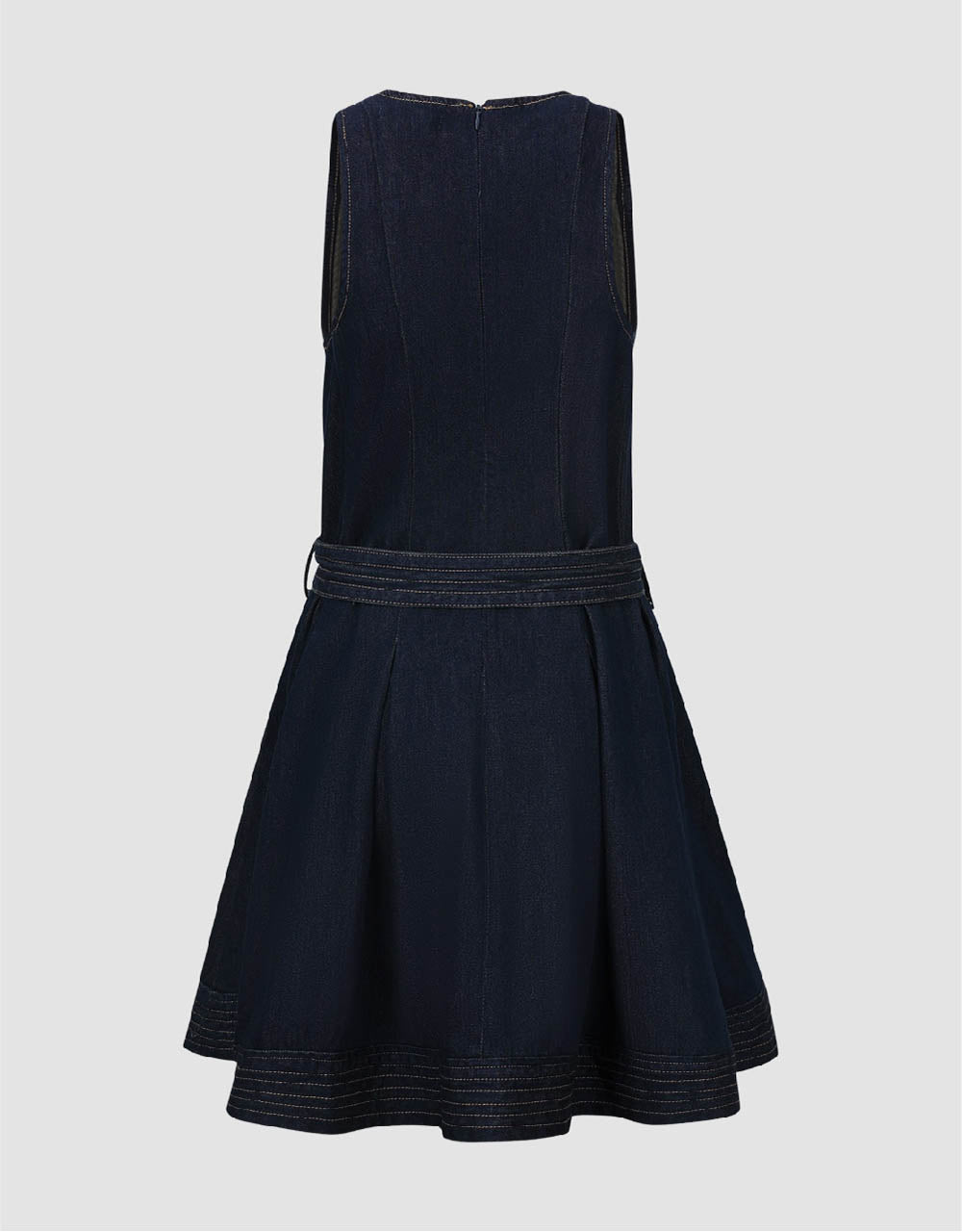 Sleeveless Crew Neck Denim Dress With Belt