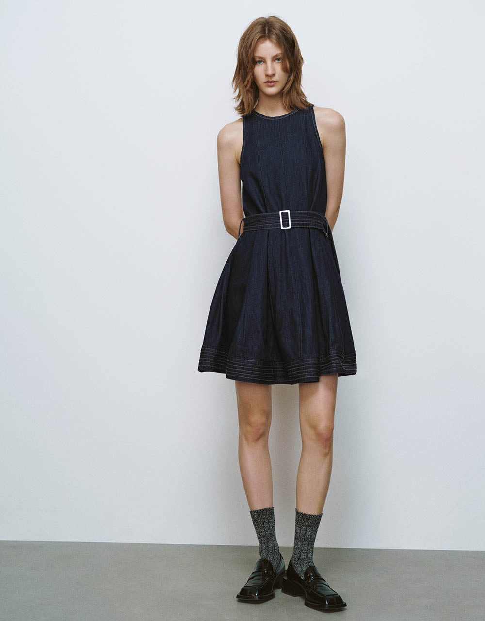 Sleeveless Crew Neck Denim Dress With Belt