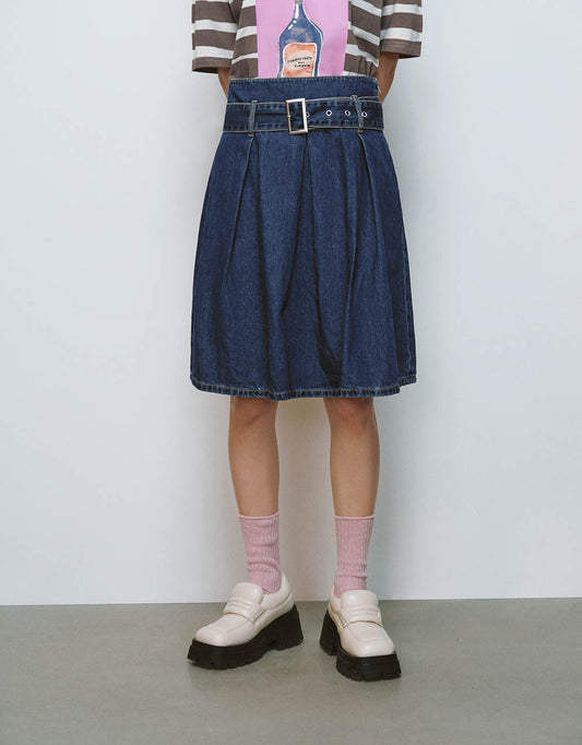 Pleated Midi A-Line Denim Skirt