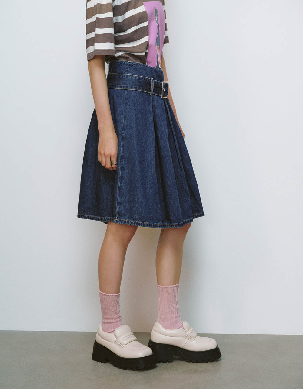 Pleated Midi A-Line Denim Skirt