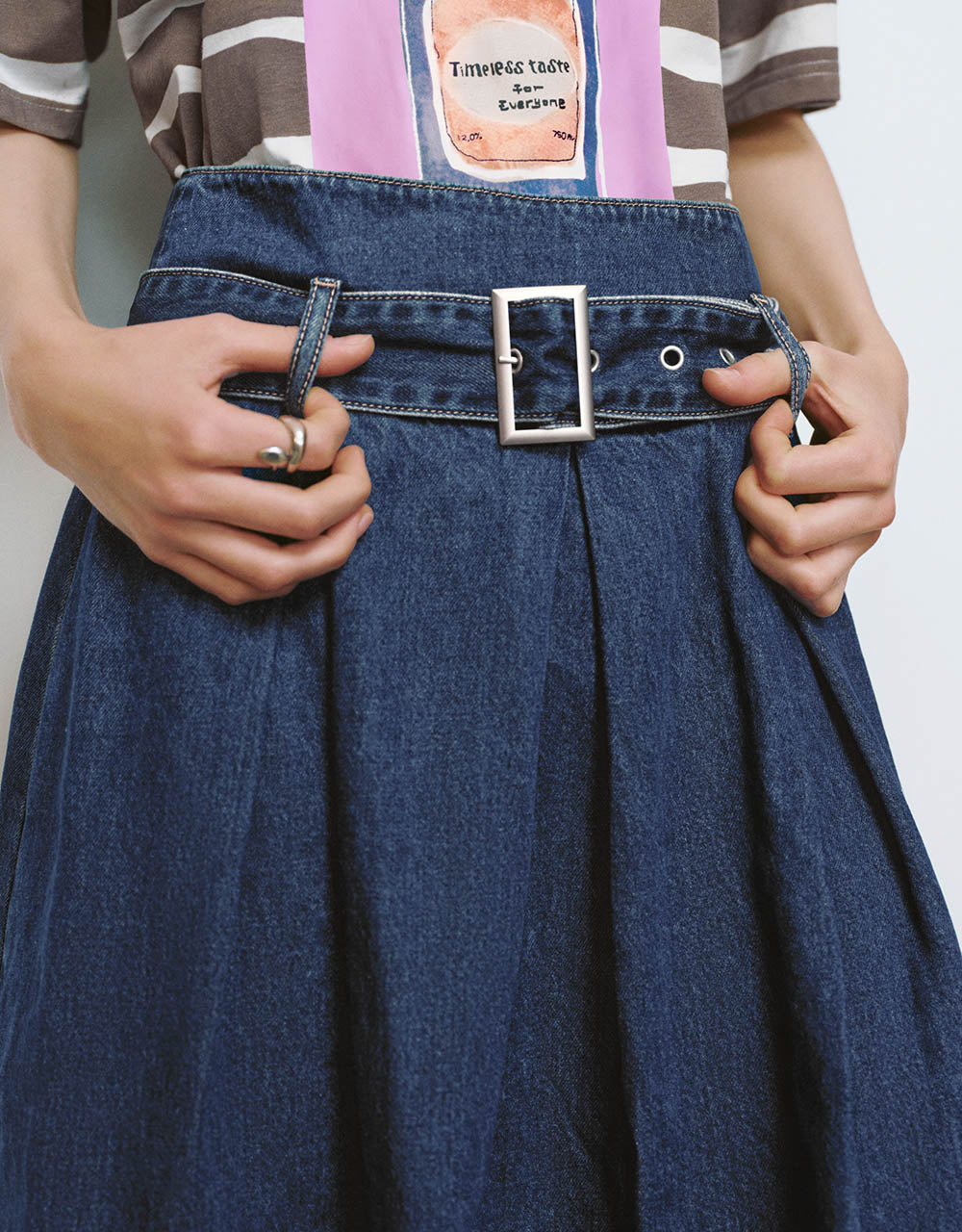 Pleated Midi A-Line Denim Skirt