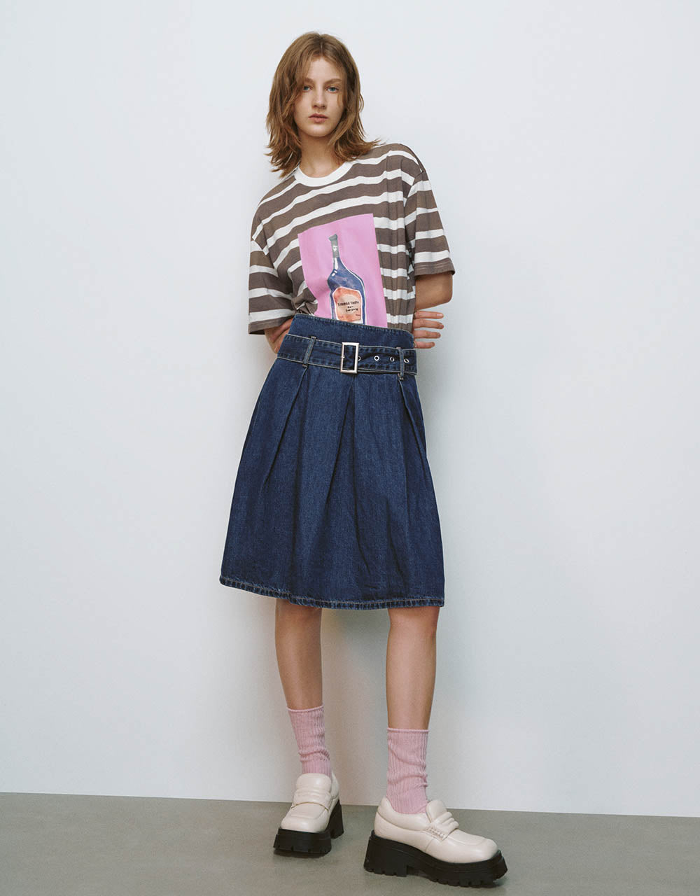 Pleated Midi A-Line Denim Skirt