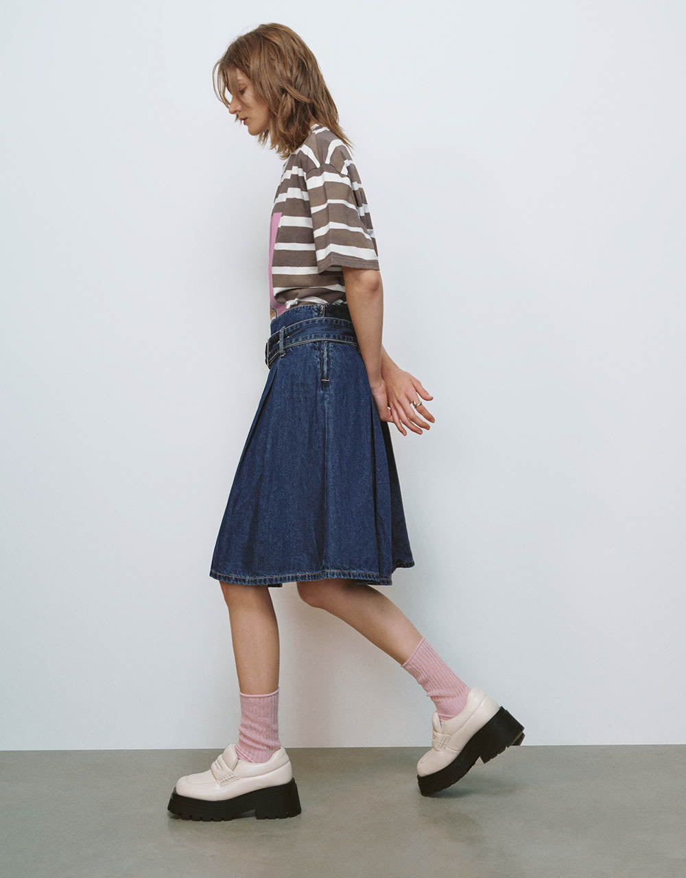 Pleated Midi A-Line Denim Skirt