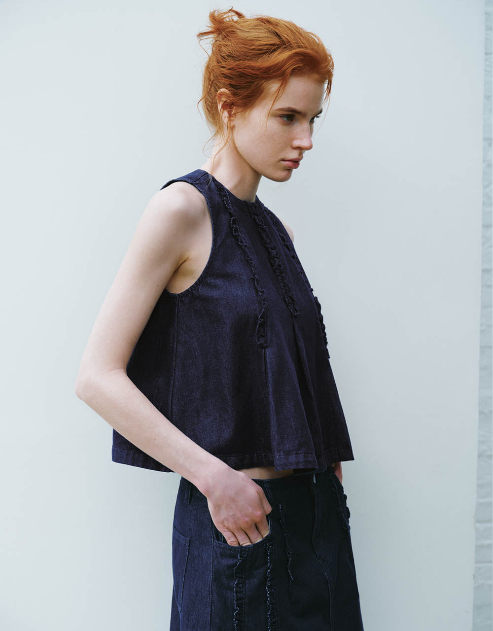 Sleeveless Crew Neck Denim Shirt