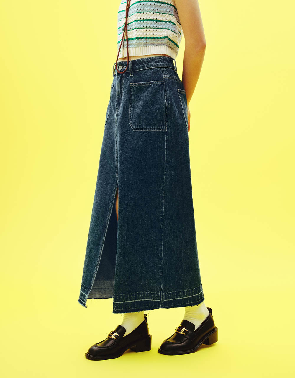 Front Pocket Midi Straight Denim Skirt