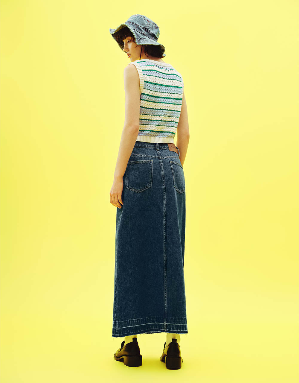 Front Pocket Midi Straight Denim Skirt