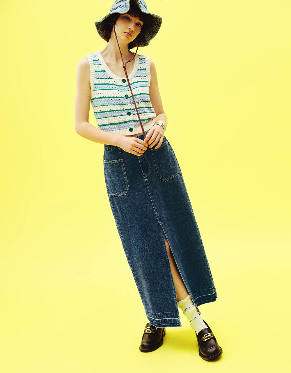 Front Pocket Midi Straight Denim Skirt