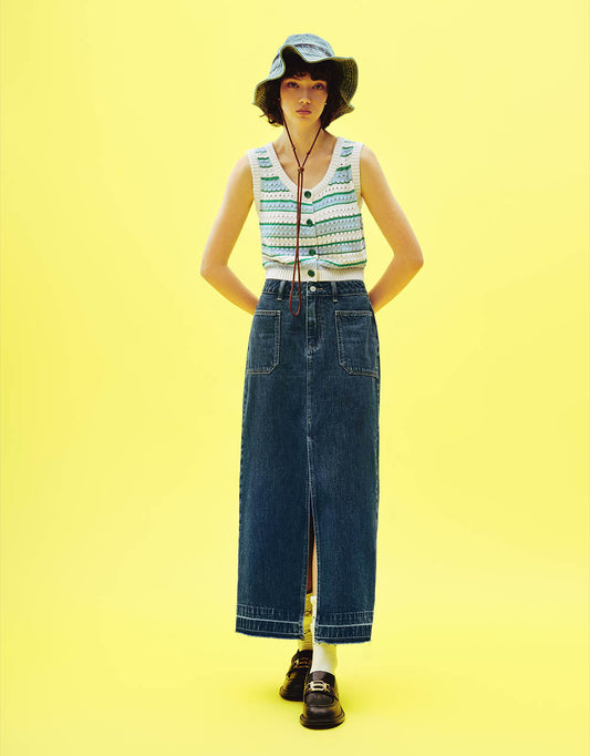 Front Pocket Midi Straight Denim Skirt