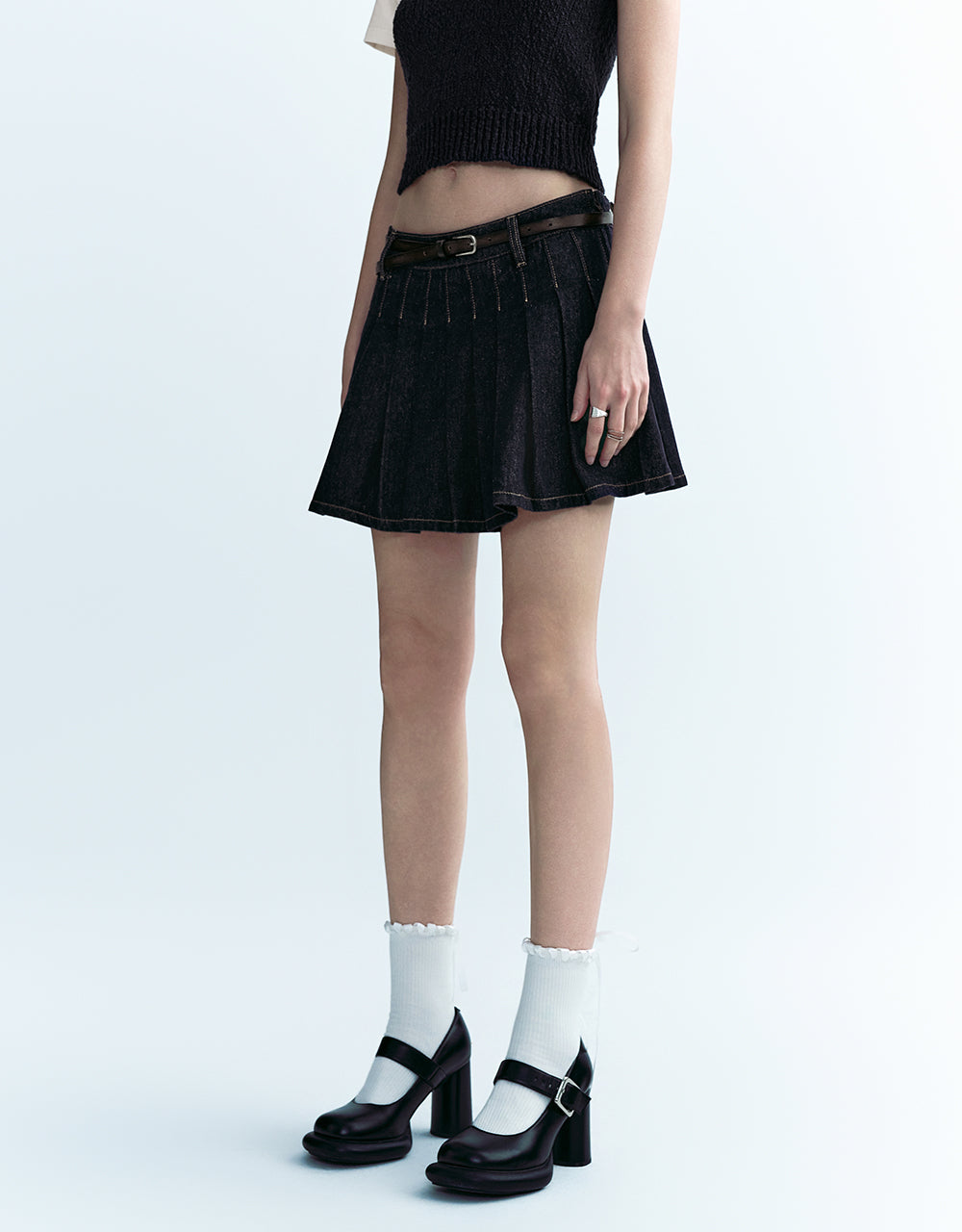 Pleated Mini Denim Skirt