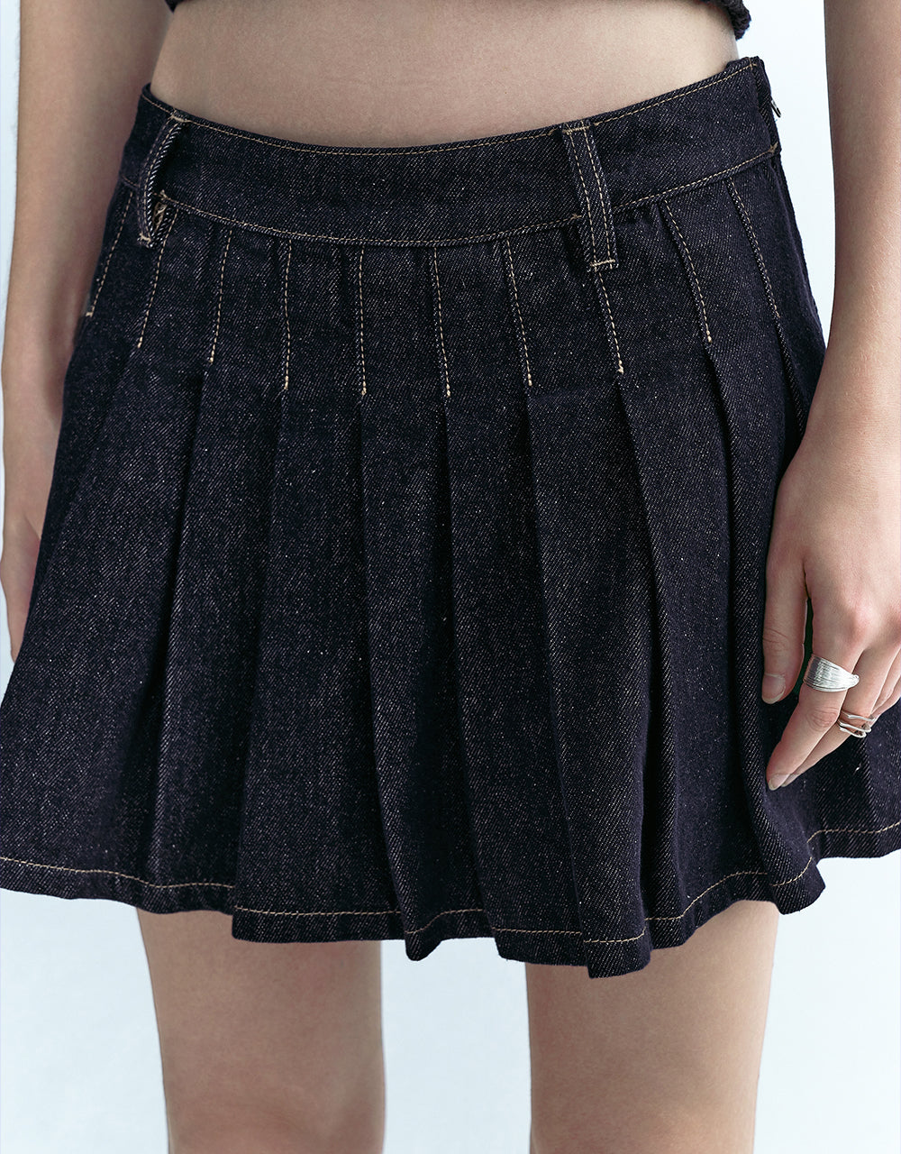 Pleated Mini Denim Skirt