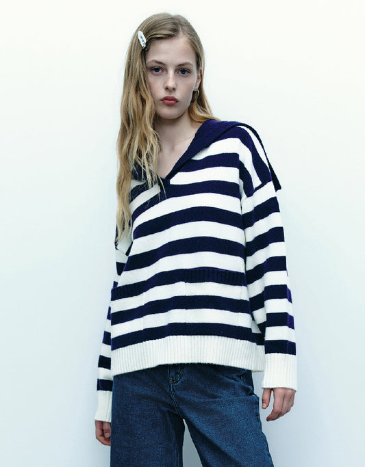 Striped Lapel Knitted T-Shirt