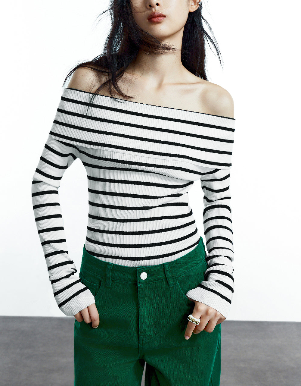 Striped Off-Shoulder Knitted T-Shirt